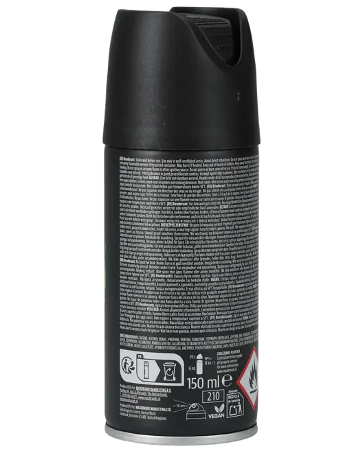 Sort deodorant spraydåse, 150 ml, med spraydyse og detaljeret produktinformation bagpå. Indeholder vegansk og genbrugssymbol samt brandfare-advarsel.