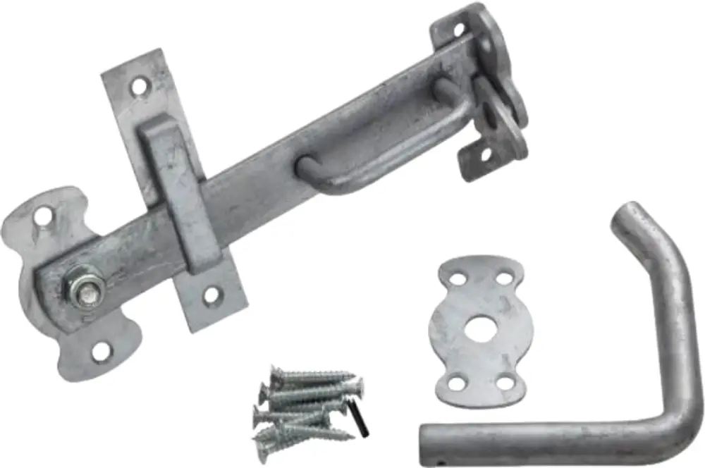 Galvaniserat stålgrindlås med handtag, fäste, monteringsplatta och skruvar. Passar utomhusgrindar, ger säker stängning och enkel installation. Väderbeständig yta för hållbarhet.