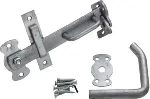 Galvaniserat stålgrindlås med handtag, fäste, monteringsplatta och skruvar. Passar utomhusgrindar, ger säker stängning och enkel installation. Väderbeständig yta för hållbarhet.