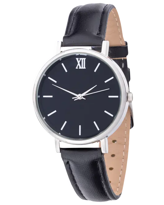 Et armbåndsur med et minimalistisk design, sort læderrem og rund sølvfarvet urkasse. Urskiven er sort med enkle hvide time-markeringer, et enkelt romertal 'XII' ved 12-tallet og ingen andre tal. Uret har tre slanke sølvfarvede visere til timer, minutter og sekunder.