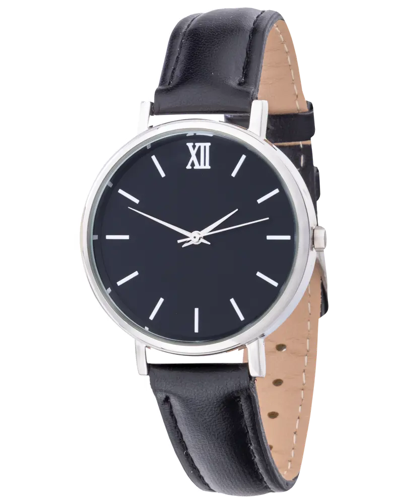 Et armbåndsur med et minimalistisk design, sort læderrem og rund sølvfarvet urkasse. Urskiven er sort med enkle hvide time-markeringer, et enkelt romertal 'XII' ved 12-tallet og ingen andre tal. Uret har tre slanke sølvfarvede visere til timer, minutter og sekunder.