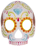 Färgglad Day of the Dead-sockerskallemask med blommönster, virvlar, blå diamant i pannan och gula, röda samt gröna detaljer. Ögonhålen är gulmarkerade.