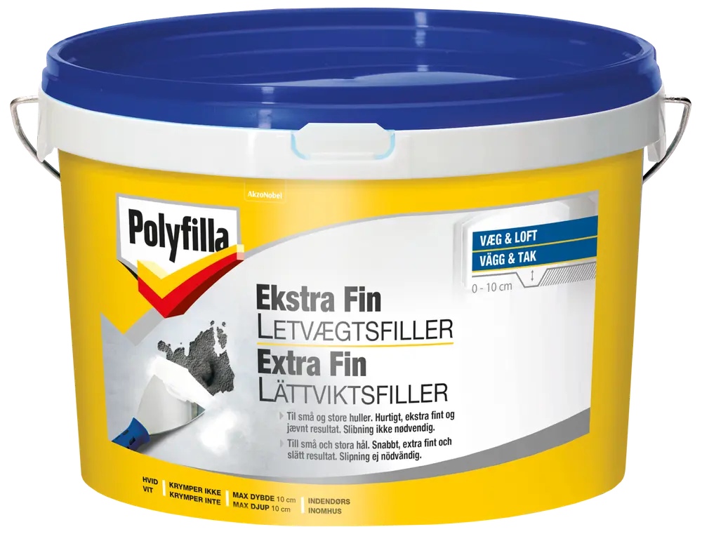 Polyfilla Ekstra Fin Letvægtsfiller, 1 liter spand med blåt låg, til væg og loft. Til små og store huller. Hvid, indendørs brug, krymper ikke.