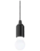 Moderne pendellampe med sort cylindrisk fatning og ledning, rund hvid pære. Minimalistisk design, passer til forskellige rum. Pære og ledning medfølger.