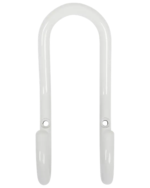 Hvidt U-formet sikkerhedslås med to integrerede nøglehuller, lavet af robust metal. Velegnet til cykler eller porte. Glat, blank overflade for vejrbestandighed og holdbarhed.