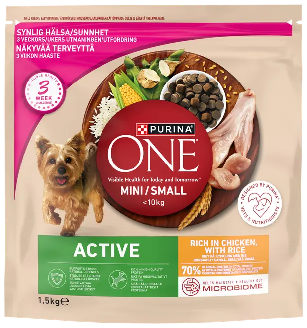 Purina ONE Mini/Small Active tørfoder til hunde, 1,5 kg pose, til hunde under 10 kg. Rig på kylling og ris, støtter immunforsvaret, højt proteinindhold, til aktive små racer.