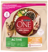 Purina ONE Mini/Small Active tørfoder til hunde, 1,5 kg pose, til hunde under 10 kg. Rig på kylling og ris, støtter immunforsvaret, højt proteinindhold, til aktive små racer.