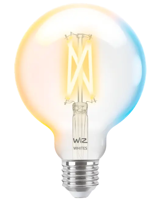 Klar glödlampa med synlig LED-filament, standard skruvsockel och justerbart vitt ljus. Passar modern belysning, kompatibel med WiZ Whites, varm och kall ton.