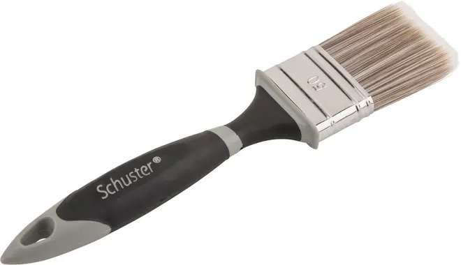 Platt pensel med syntetborst, svart och grått ergonomiskt handtag, metallhylsa och "Schuster"-märke. Passar för målning, har upphängningshål i handtaget.