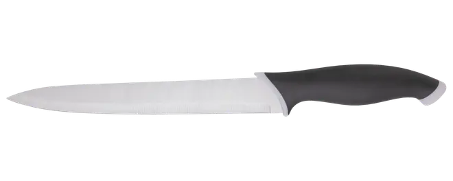 Kökskniv i rostfritt stål med långt smalt blad och svart ergonomiskt handtag.