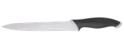 Kökskniv i rostfritt stål med långt smalt blad och svart ergonomiskt handtag.