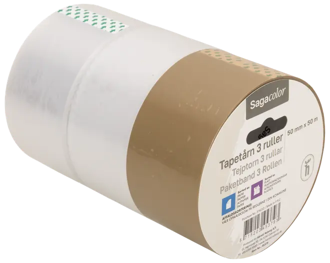 Sæt med tre pakketaperuller, to gennemsigtige og én brun, hver 50 mm bred og 50 meter lang. Velegnet til forsegling af kasser. Mærke: Sagacolor.