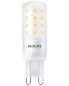 Philips LED-pære, cylindrisk form, matteret overflade, synlige gule LED-chips, G9 stiftfatning, kompakt størrelse, energieffektiv, velegnet til små lamper og dekorativ belysning.