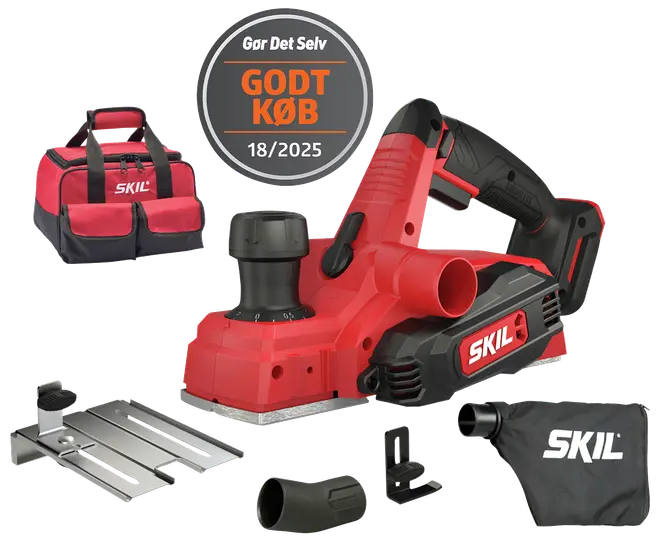 Ledningsfri elektrisk høvl fra SKIL med tilbehør: støvpose, bæretaske, guide og ekstra dele. Ergonomisk håndtag, justerbar dybdeknap, ideel til træbearbejdning og overfladeudjævning.