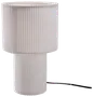 Moderne bordlampe med cylindrisk form, rillet tekstur og mat hvid finish. Lampen har bred top og matchende base samt synlig sort ledning. Minimalistisk design.