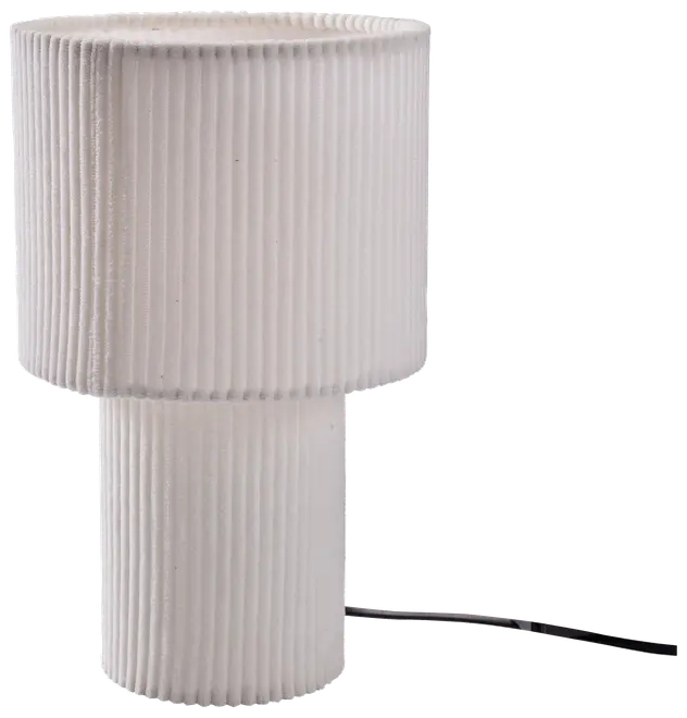 Moderne bordlampe med cylindrisk form, rillet tekstur og mat hvid finish. Lampen har bred top og matchende base samt synlig sort ledning. Minimalistisk design.