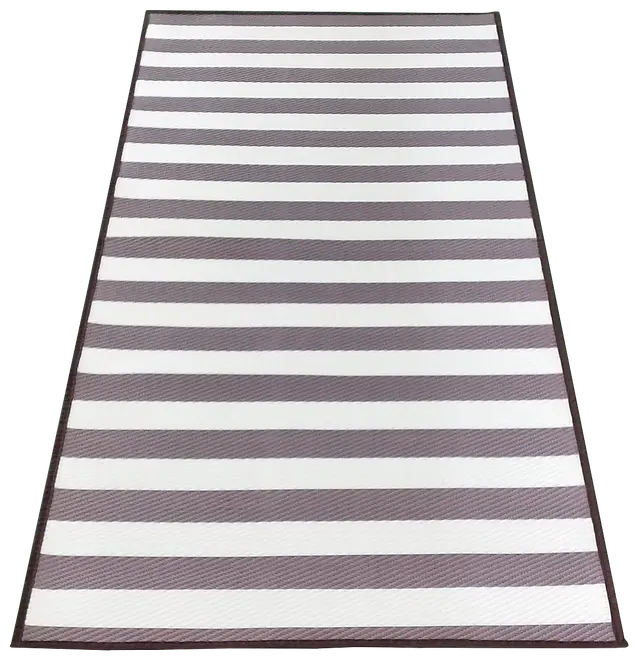Rektangulært udendørs tæppe med brede, skiftende hvide og grå striber. Fremstillet af slidstærkt, vejrbestandigt materiale. Enkel, moderne stil til terrasser og haver.