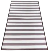 Rektangulært udendørs tæppe med brede, skiftende hvide og grå striber. Fremstillet af slidstærkt, vejrbestandigt materiale. Enkel, moderne stil til terrasser og haver.