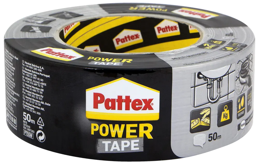 Pattex Power Tape, stærk klæbebånd, 50 meter, sølvfarvet, velegnet til reparationer og tætning, fugtbestandig, nem at rive over, alsidig anvendelse, kraftig vedhæftning.