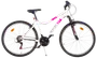 Vit och rosa mountainbike med framdämpning, 21 växlar, svart sadel och raka styren. Utrustad med reflexer på hjul och pedaler, passar terräng och stad.