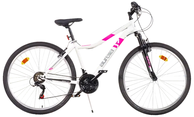 Vit och rosa mountainbike med framdämpning, 21 växlar, svart sadel och raka styren. Utrustad med reflexer på hjul och pedaler, passar terräng och stad.