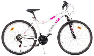 Vit och rosa mountainbike med framdämpning, 21 växlar, svart sadel och raka styren. Utrustad med reflexer på hjul och pedaler, passar terräng och stad.