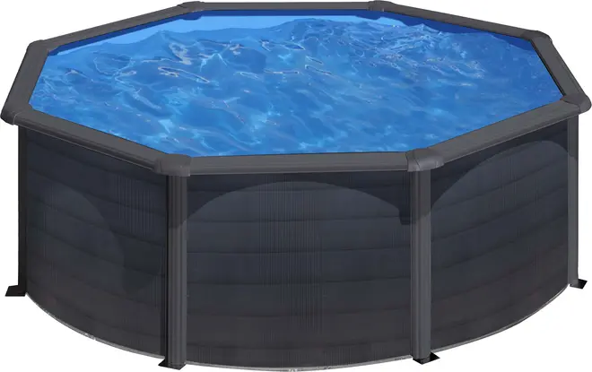 Ottekantet fritstående swimmingpool med sort, robust ramme og blåt vand. Forstærkede sidepaneler og lodrette støtter giver stabilitet. Velegnet til udendørs brug og familiehygge.