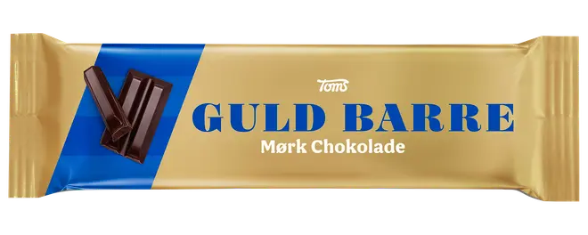 Guld og blå indpakning til Toms Guld Barre mørk chokolade, med billede af chokoladestykker og tydelig blå tekst på forsiden.