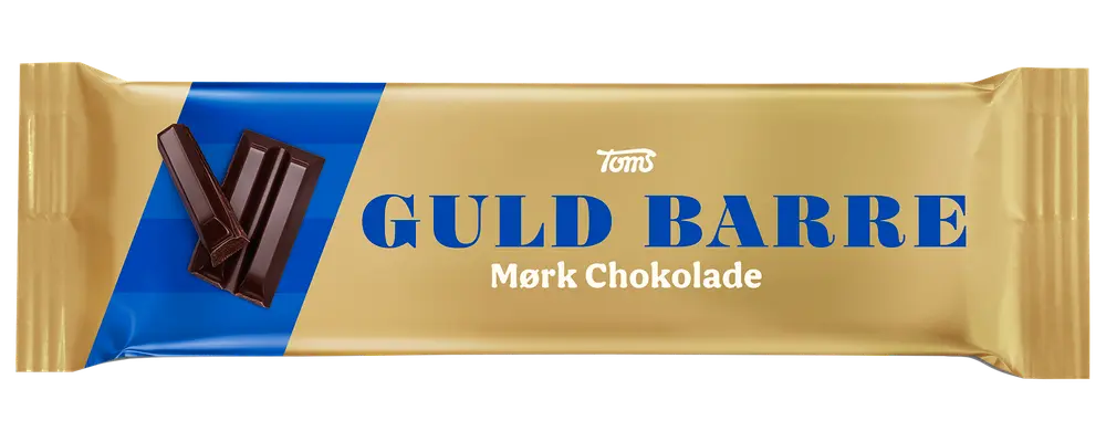 Guld og blå indpakning til Toms Guld Barre mørk chokolade, med billede af chokoladestykker og tydelig blå tekst på forsiden.