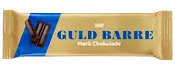 Guld og blå indpakning til Toms Guld Barre mørk chokolade, med billede af chokoladestykker og tydelig blå tekst på forsiden.