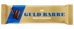 Guld og blå indpakning til Toms Guld Barre mørk chokolade, med billede af chokoladestykker og tydelig blå tekst på forsiden.