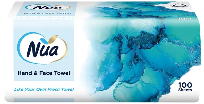 Æske med Nua hånd- og ansigtshåndklæder, 100 ark, blå abstrakt design. Velegnet til personlig hygiejne, bløde og skånsomme mod huden, til hænder og ansigt.