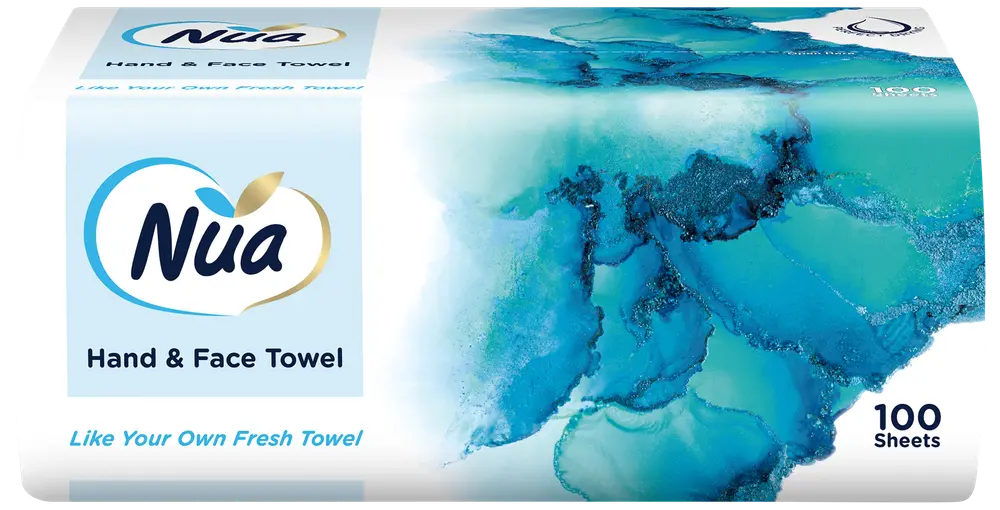 Förpackning med Nua hand- och ansiktshanddukar, 100 ark, blått abstrakt mönster. Mjuka och skonsamma mot huden, för händer och ansikte.