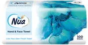 Æske med Nua hånd- og ansigtshåndklæder, 100 ark, blå abstrakt design. Velegnet til personlig hygiejne, bløde og skånsomme mod huden, til hænder og ansigt.