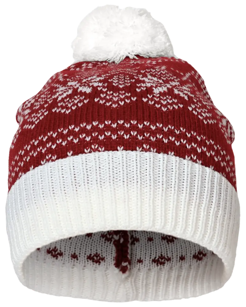 A knitted winter hat featuring a red body with white snowflake and geometric patterns, a wide white ribbed fold-over cuff, and a large fluffy white pom-pom on top. The inside of the hat is also lined with a similar pattern for added warmth and comfort.