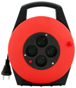 Rød og sort kabelrulle med håndtag, fire runde stikkontakter og stikprop. Velegnet til organisering og forlængelse af elektriske forbindelser indendørs eller udendørs.