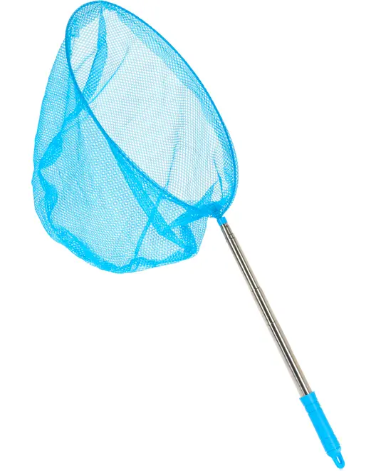 Blåt net til fiskeri med rund ramme og teleskopisk metalhåndtag. Letvægtsdesign, velegnet til små fisk. Håndtaget har et blåt plastgreb for komfort.