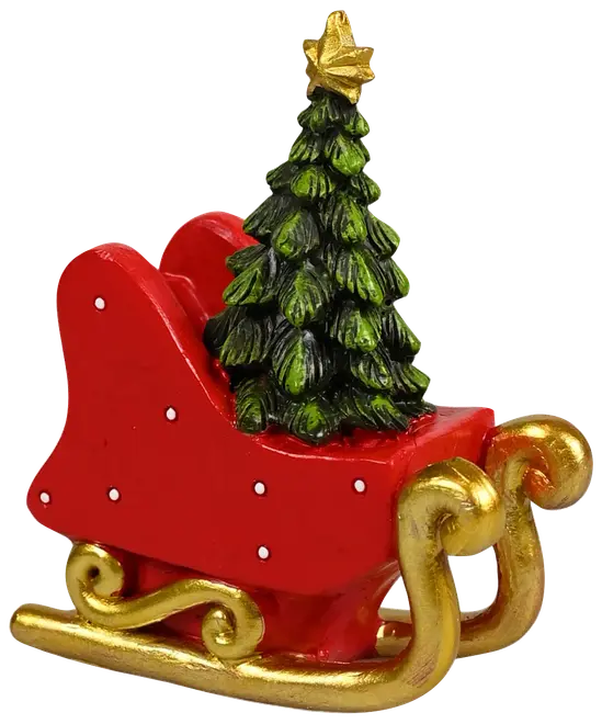 Festlig ornament med en rød slæde, gyldne meder, hvide prikker og et grønt juletræ med en gylden stjerne. Perfekt til juledekoration eller gaveudstilling.