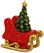Festlig ornament med en rød slæde, gyldne meder, hvide prikker og et grønt juletræ med en gylden stjerne. Perfekt til juledekoration eller gaveudstilling.