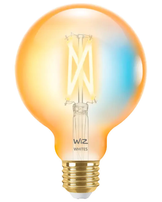 Rund smart LED-filamentlampa med bärnstensfärgat glas, synlig glödtråd och E27-sockel. Justerbart vitt ljus, kompatibel med WiZ smart belysning. Dekorativ och energieffektiv.