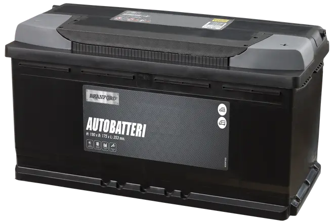 Stor sort bilbatteri med grå detaljer, mærket 'Autobatteri.' Robust plastkabinet, bærehåndtag og produktspecifikationer trykt på frontetiketten.