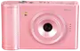 Kompakt digitalkamera i rosa med texturerat grepp, stor lins, inbyggd blixt och enkel knappdesign. Perfekt för nybörjare eller barn, lätt att använda.