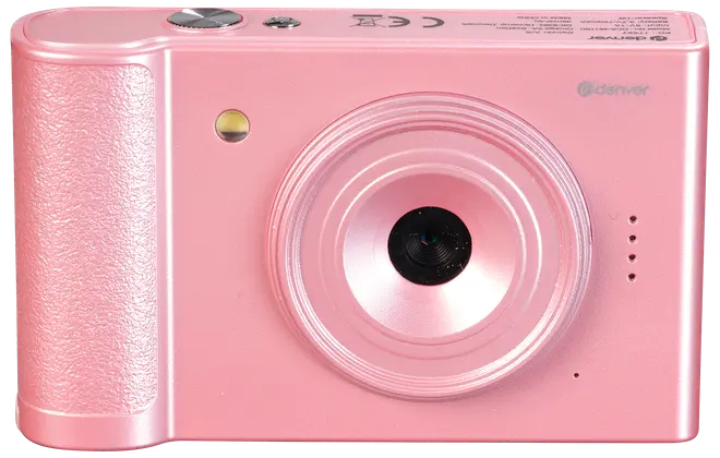 Kompakt digitalkamera i rosa med texturerat grepp, stor lins, inbyggd blixt och enkel knappdesign. Perfekt för nybörjare eller barn, lätt att använda.
