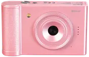 Kompakt digitalkamera i rosa med texturerat grepp, stor lins, inbyggd blixt och enkel knappdesign. Perfekt för nybörjare eller barn, lätt att använda.