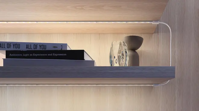 Moderne træhylde med indbygget LED-lys, indeholder stakke af bøger og dekorative glas- og keramikgenstande, monteret mod en lys trævæg for et minimalistisk udtryk.