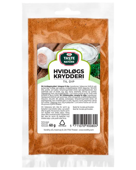 60g påse Taste of Nature vitlökskrydda för dip. Fin orangebrunt pulver i återförslutningsbar plastpåse med produktetikett och ingrediensinformation på framsidan.