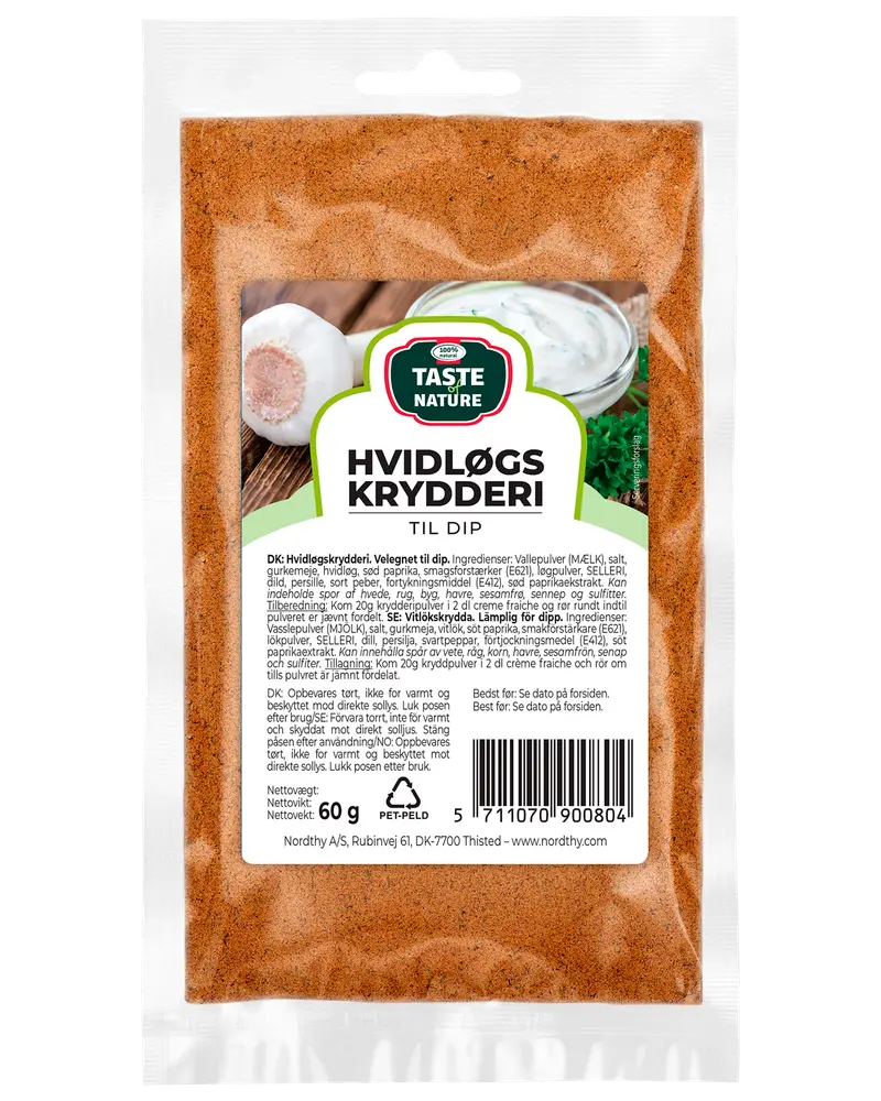 60g påse Taste of Nature vitlökskrydda för dip. Fin orangebrunt pulver i återförslutningsbar plastpåse med produktetikett och ingrediensinformation på framsidan.