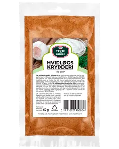 60g påse Taste of Nature vitlökskrydda för dip. Fin orangebrunt pulver i återförslutningsbar plastpåse med produktetikett och ingrediensinformation på framsidan.