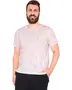 Herr t-shirt i ljusrosa med korta ärmar, rund hals och små rödvita polkagrisränder, tillverkad i mjukt tyg, matchad med svarta byxor.