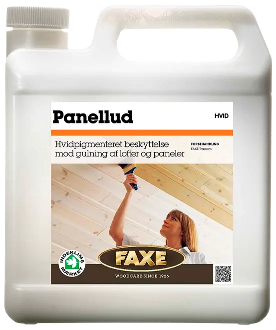 Hvid plastdunk med Faxe Panellud, hvidpigmenteret beskyttelse til lofter og paneler, med skruelåg og håndtag, produktetiket og billede af påføring på forsiden.